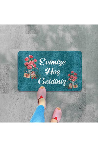 M&H Quality Welcome Written Digital Printed Flower Pattern Hooded Non-slip Mat - Washable for Inside and Outside