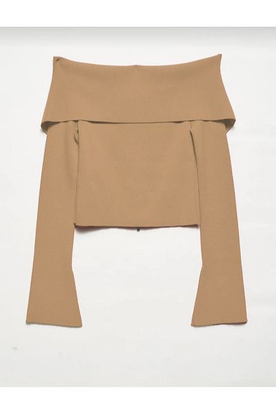 Dilvin Beige 60252 Model Bardot Collar Zippered Knitwear Cardigan