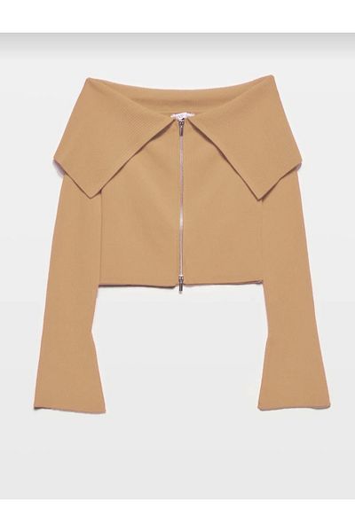 Dilvin Beige 60252 Model Bardot Collar Zippered Knitwear Cardigan