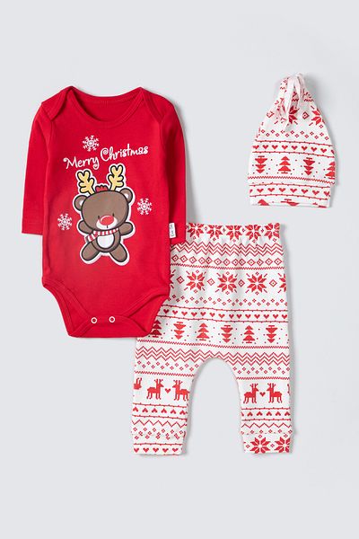 Krazber Unisex New Year's Themed Snap Fastener Bodysuit - Long Sleeve, Pants, and Beret Set of 3
