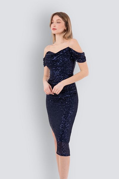 HOX'S Gisele Carmen Collar Midi Strapless Evening Dress - Navy Blue with Sheer Sequined Straps