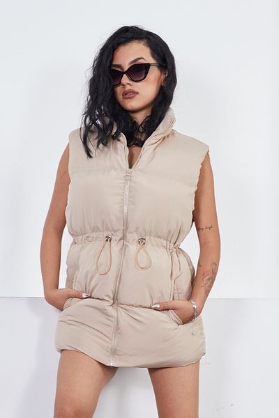 moda armanc Women's Beige Puffer Vest with Elastic Waist