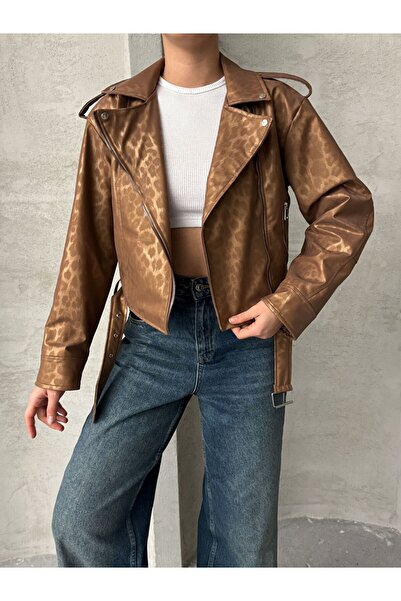 MEECY Голямо кожено яке с леопардов стил с колан