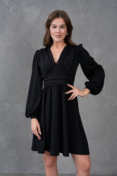 4S1B FASHION Εύκαμπτο ύφασμα κρεπ κατάδυσης μακριά μανίκια με λαιμόκοψη V με φουσκωτό μαύρο βραδινό φόρεμα 84645