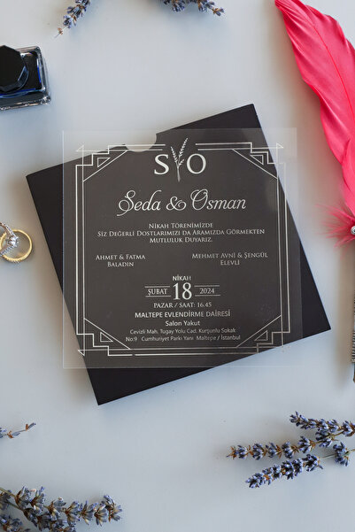 Pixel Davetiye Şeffaf Siyah Yaldızlı Davetiye - 50 Adet - Düğün, Nişan Kına, Sünnet, Nikah Davetiyesi - 9011