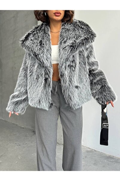 olalapasha فرو صناعي ممتاز - معطف بياقة شال رمادي اللون للموسم الجديد