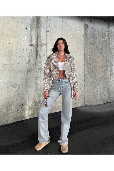 Ekim Store Leopard Washed Belted Crop Leather Jacket