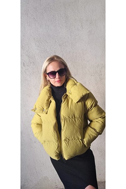 Garamak Kadın Dik Yaka Sarı Kısa Mont