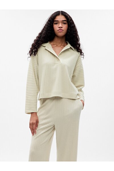 GAP Kadın Krem Cozy Fitilli Henley Düğmeli T-Shirt