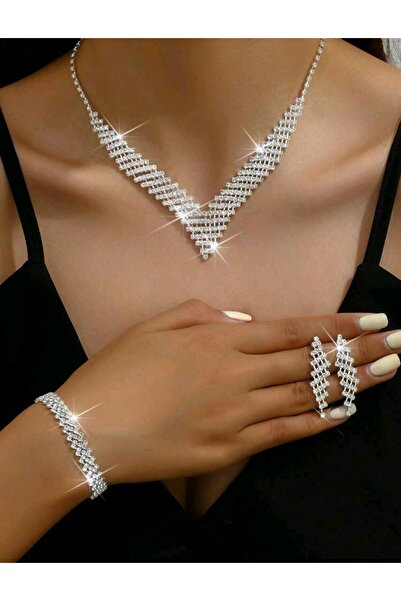 Renkada Gümüş Kaplama Çiçek Damla Taşlı Kolye,küpe Ve Bileklik Seti 3'lü Set ...