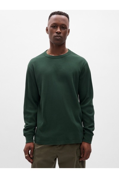 GAP Erkek Yeşil Waffle Örgü Bisiklet Yaka T-Shirt