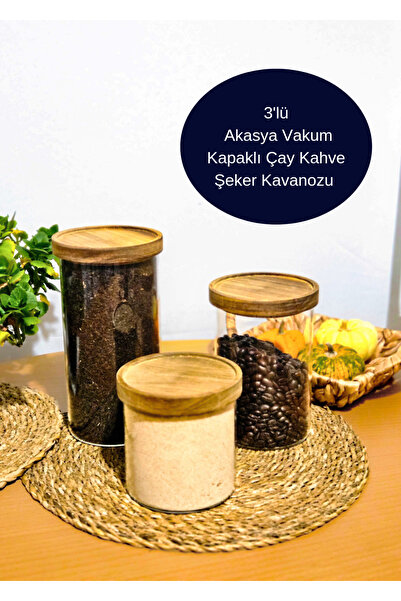 BRE HOME 3'lü akasya vakum kapaklı yuvarlak çay kahve şeker tuz kavanozu tezg...