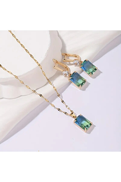 JELLYWEAR Altın Kaplama Dikdörtgen Taşlı Kolye ve Küpe Seti