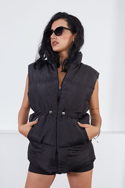 moda armanc Women's Black Puffer Vest with Elastic Waist
