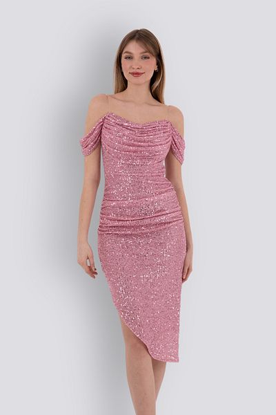 HOX'S Gisele |   Sequined Sheer Straps Midi Evening Dress Carmen Neck Low Sleeve Asymmetrical Skirt - Powder