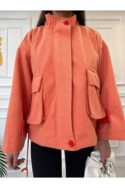 Çnru KOLLARI DETAYLI, GİZLİ KUŞAKLI, CEPLİ VE ASTARLI KADIN MONT