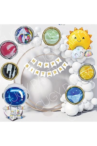CUGY Boy and Girl Birthday Party Set Planets Themed White Metallic Shiny Balloon Chain Set