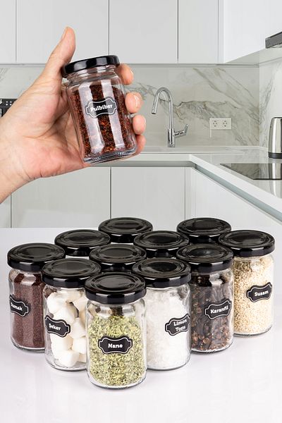Lizzy 12-Piece Black Metal Lid 105 ml Leak-Proof Glass Jar Mini Spice Bowl with 85 Labels as a Gift