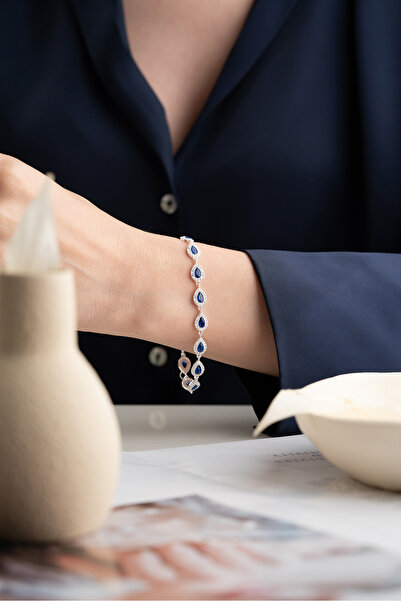 Silvano Jewelry 925 Ayar Gümüş Su Yolu Damla Safir Taşlı Bileklik