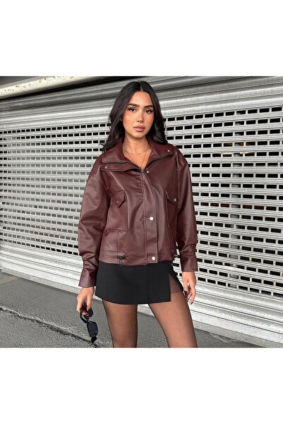 Ekim Store Бордова шкіряна куртка з подвійною кишенею