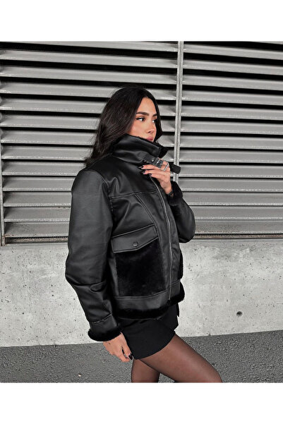 Ekim Store Jachetă din piele cu buzunar dublu de pluș