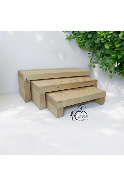 Krb Ahsap 3'lü Stand, Ahşap Yükseltici Stand, Takı Aksesuar Standı, Natural Renk