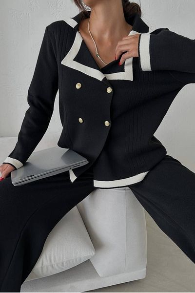 lovebox Button Detailed Flexible Knitwear Fabric Cardigan and High Waist Trousers Black Double Knitwear Suit 2501