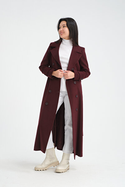 Soydan Güner Kruvaze Kuşaklı Dökümlü Uzun Manto Bordo 6630