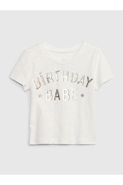GAP Bebek Beyaz %100 Organik Pamuk Brannan Bear Metalik Grafikli T-Shirt