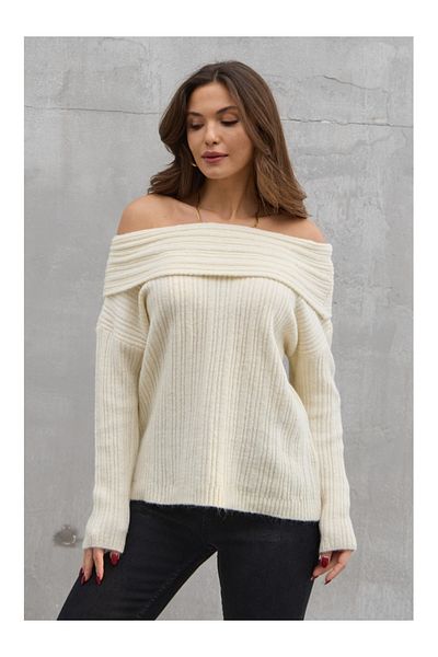 Elif Özbey Butik Pulover cu nervuri cu guler din dantela ecru