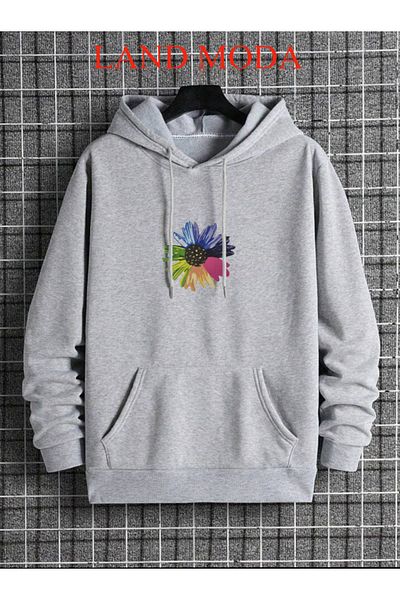 LAND MODA Γκρι φούτερ με κουκούλα - Μπροστινό μπλουζάκι με στάμπα
