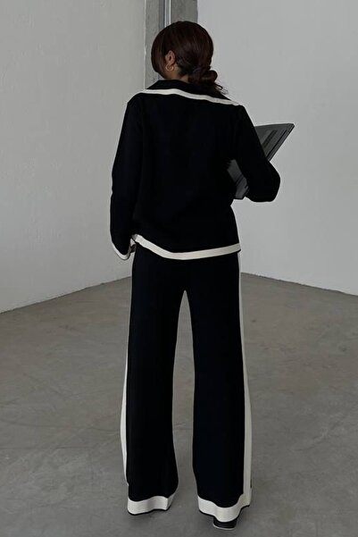 lovebox Gomb részletesen rugalmas kötöttáru kardigán és magas derekú nadrág fekete dupla kötöttáru öltöny 2501