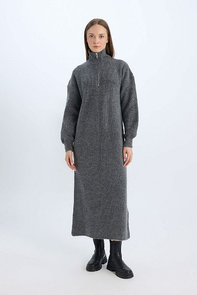 DeFacto Stand Collar Zip Long Sleeve Knitwear Maxi Dress - Regular Fit B0195Ax24Wn