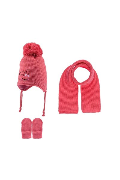 Kitti Atkı Bere Eldiven 0-18 Aylık 3'lü Takım Kız Bebek Fuşya