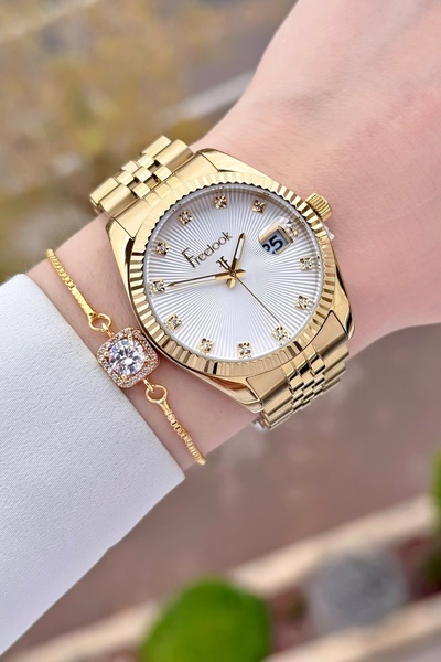 Freelook Altın Renk Ayarlanabilir Kordonlu Garantili Kadın Kol Saati ve Bileklik