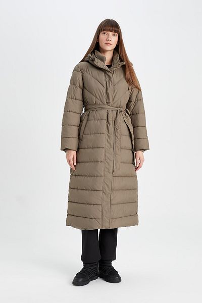 DeFacto Long Oversize Parka Coat - Hood, Belt and Pocket, Water Repellent C9703Ax24Cw