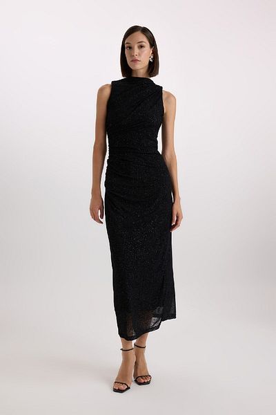 DeFacto Christmas Themed Fitted Embroidered Velvet Sleeveless Maxi Dress D9885Ax24Au