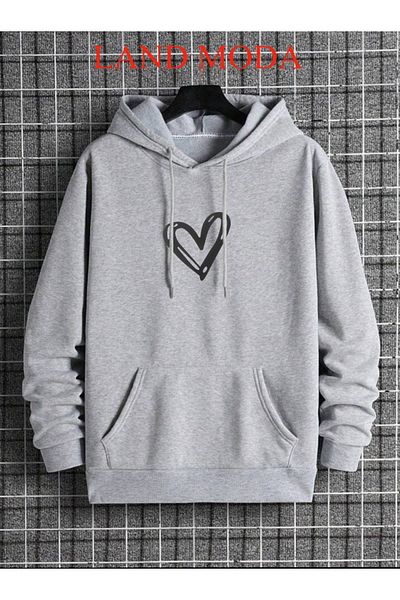 LAND MODA Μαύρη καρδιά μπροστά με στάμπα γκρι φούτερ με κουκούλα