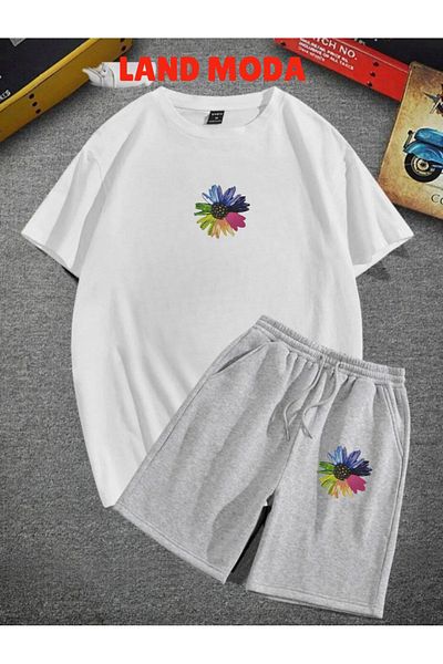 LAND MODA Σετ με εμπριμέ λευκό μπλουζάκι και γκρι σορτς