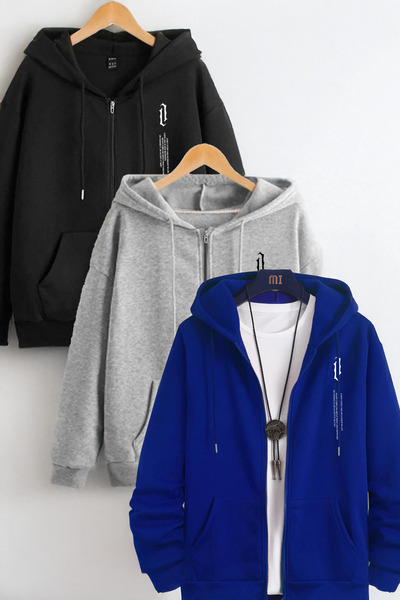 modaberry 2-Piece Vertical Symbol Sweatshirt Zip-Up Cardigan - Black Gray Sax Blue Printed Oversize Winter Hoodie