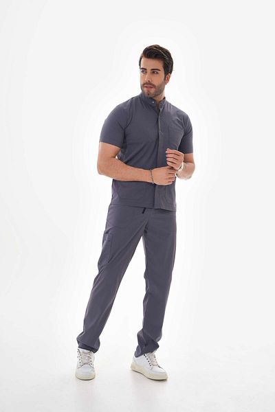 SCRUBS ÜNİFORMA Scrubs pentru costum chirurgical pentru bărbați, cu guler de judecător afumat din Lycra