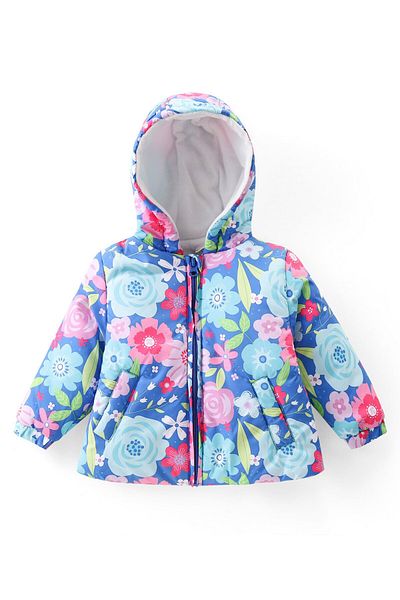 Babyhug Woven  Full Sleeves Hooded Puffer Winter Wear Suit With Floral Print - Multicolor
