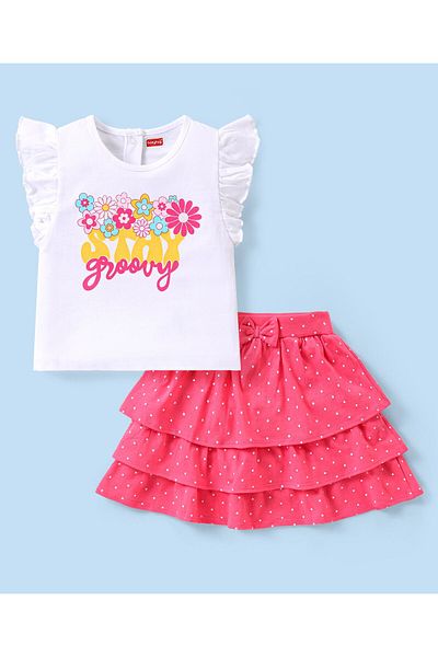 Babyhug Single Jersey Knit Frill Sleeves Top & Bow Applique Skirt Set Floral  - White & Pink