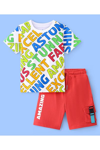 Ollington St. Ollington St. 100% Cotton Knit Half Sleeves T-Shirt & Shorts Set With Text Print – White & Red