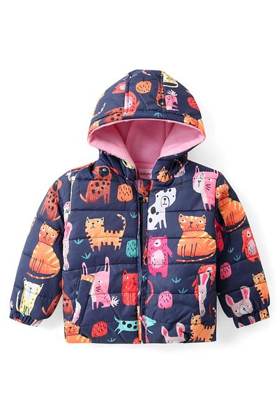 Babyhug Woven Full Sleeves Hooded Puffer Winter Wear Suit With Animals Print - Navy