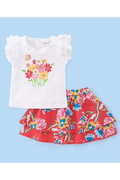 Babyhug 100% Cotton Knit Frill Sleeves Floral Print Top & Skirt Set - White & Red