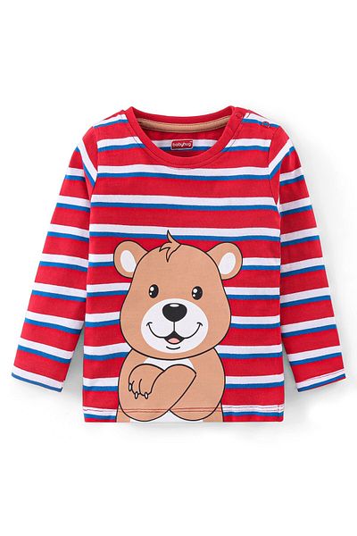 Babyhug 100% Cotton Knit to Knit Full Sleeves Stripes  T-Shirt and  Trouser-Maroon & Brown