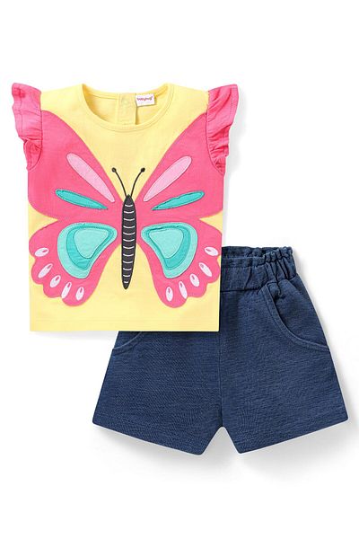 Babyhug Single Jersey Knit Frill Sleeves Top & Denim Shorts Set with Butterfly Patch - Yellow & Blue