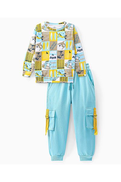 Ollington St. Ollington St. 100% Cotton Knit Full Sleeves Sweatshirt & Joggers Set Beach Theme Print-White & Blue