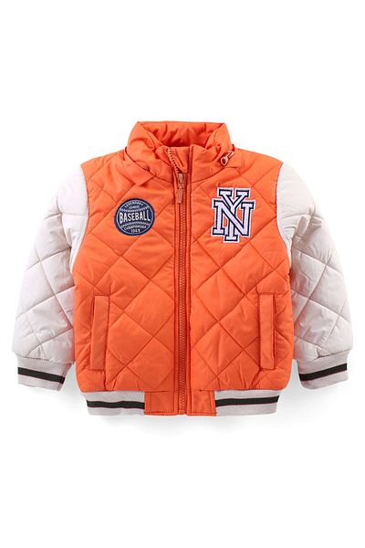 Babyhug Woven Full Sleeves Padded Hooded Jacket With Text Detailing - Orange